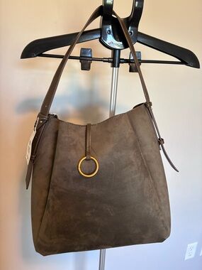 ZARA Olive Green Faux Suede Slouchy Shoulder Bag Gold Ring Minimalist